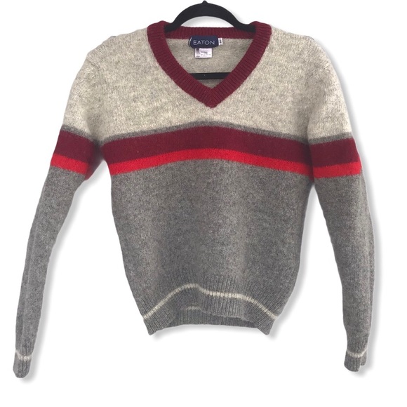 VINTAGE Eaton V-Neck Virgin Wool Grey Sweater - Picture 2 of 10